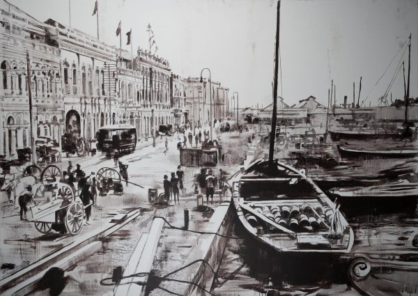acrylic black and white painting on canvas of Weld Quay Penang, Thomas Powell Artist 2018