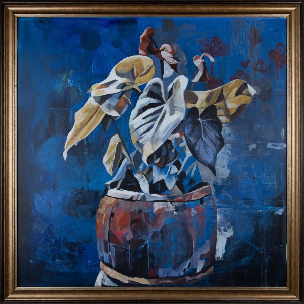 Acrylic painting of lilies in a wooden barrel, Thomas Powell Artist 2021