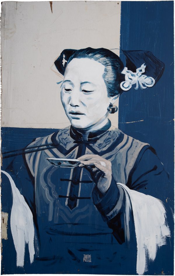 Chinese woman having tea, a painting with acrylic on reclaimed plywood, Thomas Powell Artist 2021