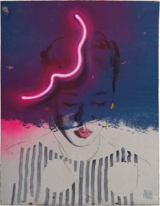 Chinese lady with striped top and neon light, a painting with acrylic on reclaimed plywood, Thomas Powell Artist 2021