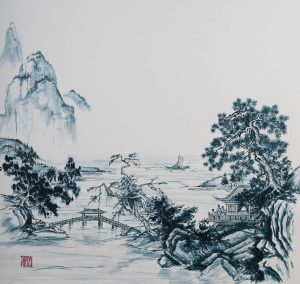 Chinese calligraphy style painting, acrylic on canvas, Thomas Powell artist 2021