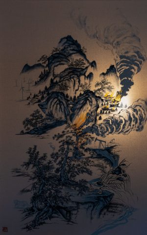 Modern Chinese calligraphy painting with fire, acrylic on canvas, Thomas Powell artist 2021