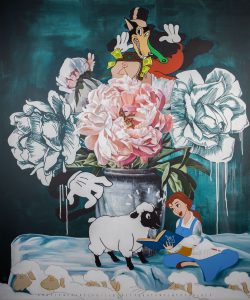 Acrylic painting on canvas, of a cartoon girl, cartoon sheep and cartoon wolf amongst a vase of realistic flowers, Thomas Powell artist 2020