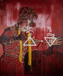 Chinese Opera Male Actor holding two symbols between his hands, acrylic on canvas, Thomas Powell artist 2019